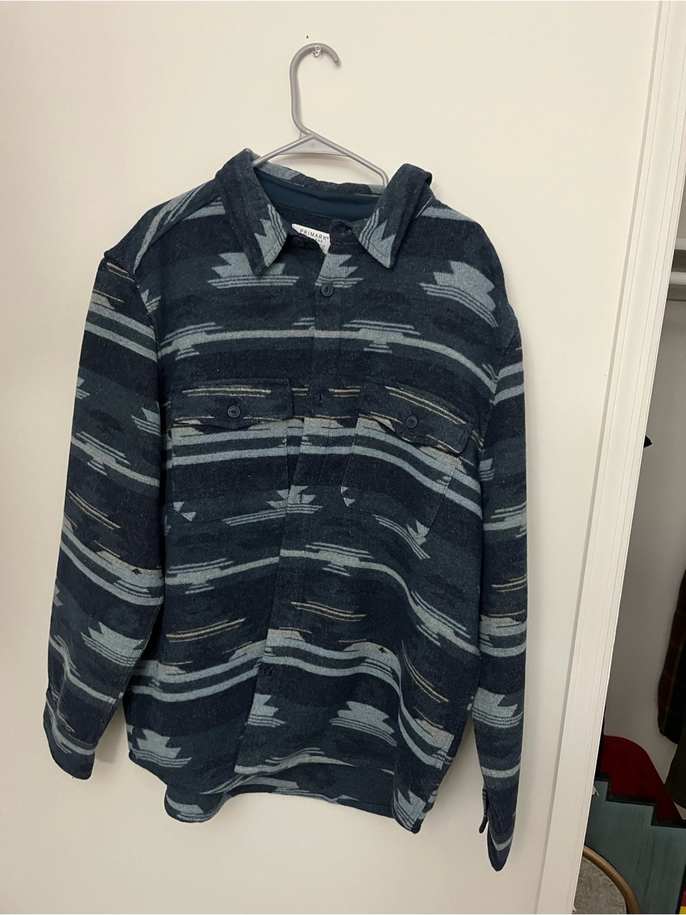 Primark Men's Navy & Light Blue Zip-Up Patterned Flannel Jacket